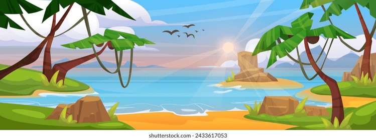 Sandy beach on summer island in sea. Vector cartoon illustration of seaside landscape with exotic palm trees, lianas and green grass, ocean waves washing coast, birds flying in sunset sky with clouds