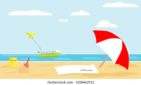 Sandy beach on summer tropical resort. Baby bucket and shovel, book and sun umbrella against the blue sea. Yacht and parachute in the sky. Relax on the beach. vector flat design