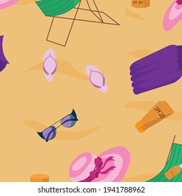 Una playa de arena en la que se pueden ver los pedales para relajarse: una tumbona, cosméticos con pantalla solar, gafas de sol, un sombrero de playa de Panamá, un colchón de aire. Patrón sin foco. Ilustración de material vectorial.