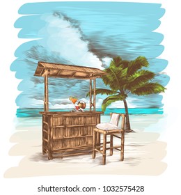 a sandy beach with a palm tree with Breakfast bar and stools made of bamboo, sketch vector graphics color picture