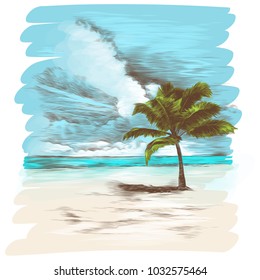 a sandy beach with a palm tree, sketch, vector graphics color picture