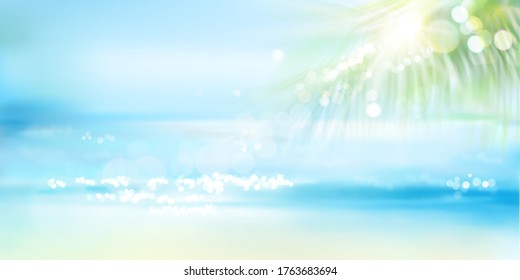 Sandy beach with palm tree in summer. Waves on the seashore. Sunrise over the sea. Vector illustration.