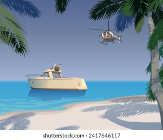 Sandy beach with palm trees, boat and helicopter. Vector.