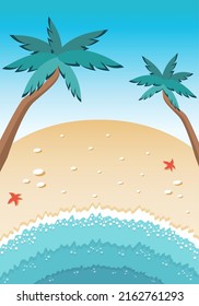 Playa de arena con palmeras. Dibujado al estilo de las caricaturas. Ilustración vectorial para diseños, impresiones, patrones. El paisaje veraniego al fondo