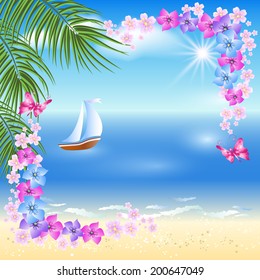 Sandy beach with palm trees, flowers frame and Sailing boat in the distance