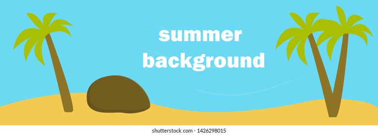 sandy beach, palm trees, ocean or sea and sand, panoramic illustration, horizontal background, free space for text, vector summer horizontal illustration