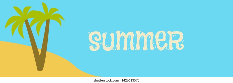 sandy beach, palm trees, ocean or sea and sand, panoramic illustration, horizontal background, free space for text, vector summer horizontal illustration