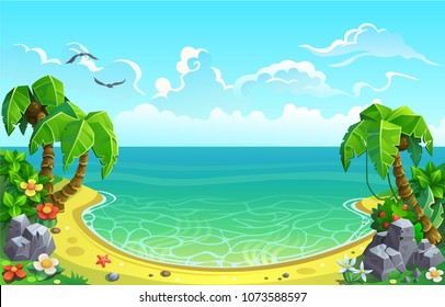 Sandy beach with palm trees. Sea gulf in the Tropics.  Vector background for design.