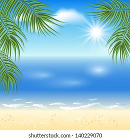 Sandy beach with palm trees and sun in the sky