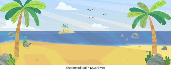 Sandy beach with palm trees and sunny sky. Vector illustration.