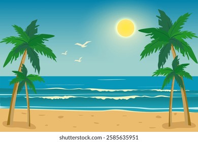 Sandy beach with palm trees and waves on a paradise island. Paradise beach with palm trees. Palm trees, sea and sand. A day on a tropical beach.