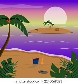 Sandy beach with palms. Island in the sea. Holiday destination. Sunset or sunrise landscape. Vector illustration in flat cartoon style.