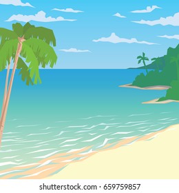 Sandy beach with palms. Tropical ocean landscape. Seaside. Summer sky, clouds, waves. Vector illustration of seascape and coast in flat faceted style for design, articles, print. Scene for artwork.
