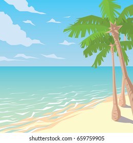 Sandy beach with palms. Tropical ocean landscape. Seaside. Summer sky, clouds, waves. Vector illustration of seascape and coast in flat faceted style for design, articles, print. Scene for artwork.