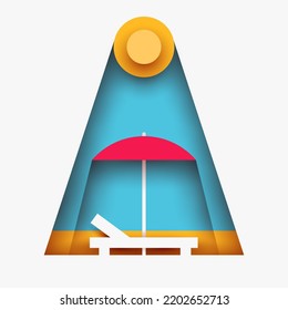 Sandy beach with red umbrella, sunbed and sun. Creative minimalistic composition in 3d layered paper cut style. Modern concept art design. Cartoon vector illustration.