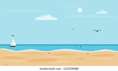 Sandy beach with a sailing boat and some sharks in the background. Flying birds and sea stars on the sand under a summer time. Great as background, wallpaper, travel or summer poster, wall decoration.