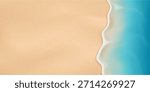Sandy beach and sea or ocean wave with bubbles and foam. Vector realistic style, resting and relaxing on resort, seashore vacation or weekends. Top view of marine scenery, natural seascape