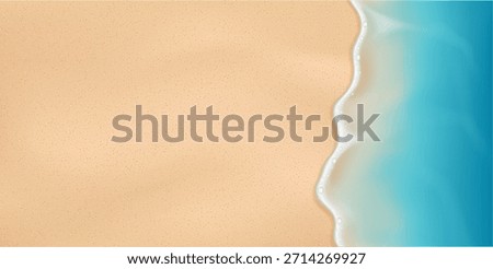 Sandy beach and sea or ocean wave with bubbles and foam. Vector realistic style, resting and relaxing on resort, seashore vacation or weekends. Top view of marine scenery, natural seascape