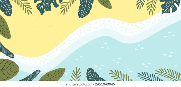 Sandy beach, sea, ocean waves lapping on shore, palm leaves top view background. Hand drawn flat style design, vector backdrop. Summer print, seasonal element, holidays, vacations, outdoors, beach