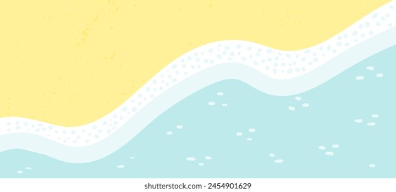 Sandy beach with sea, ocean waves lapping on shore, seaside top view background. Hand drawn flat style design, vector backdrop. Summer print, seasonal element, holidays, vacations, outdoors, beach