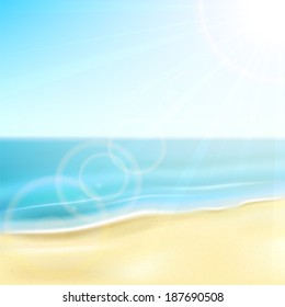Sandy beach and sea with sun, illustration.