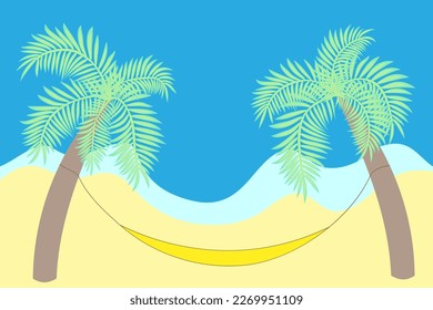 Sandstrand mit Meereswelle, zwei Palmen mit Hängematte. Erholung und Entspannung.