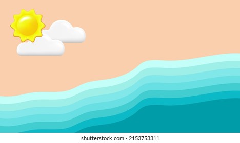 Sandy beach, sea waves and bright sun with clouds on the sky. Vacation or travel concept vector illustration