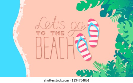 Sandy beach with sea waves and jungle tropical exotic leaves. Lettering on coast beach with flip flops