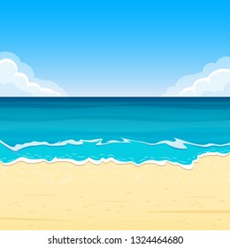 Sandy Beach with Sea Waves. Summer Background with Sand Shoe, Sea or Ocean and Sky with Clouds. Tropical Landscape for Travel and Vacation Banner. Vector Illustration.  