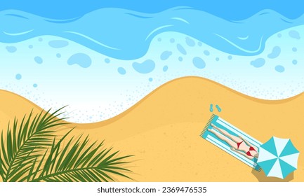 Sandy beach and sea waves. Summer beach background. Coastline on the sea beach top view. Girl sunbathes under umbrella.