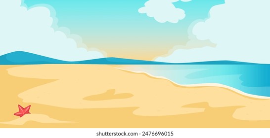 Playa de arena con una estrella de mar, océano y colinas en el fondo. Ilustración vectorial