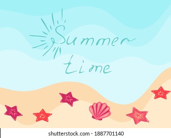 Sandstrand mit Seestern. die türkisfarbene Wasseroberfläche. handgeschriebene Einschreibung Sommerzeit. Sommerkartenvorlage. Konzept. Vektorgrafik, eps.