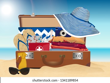 Sandy beach. Summer accessories. Suitcase and road first-aid kit. Vector illustration.