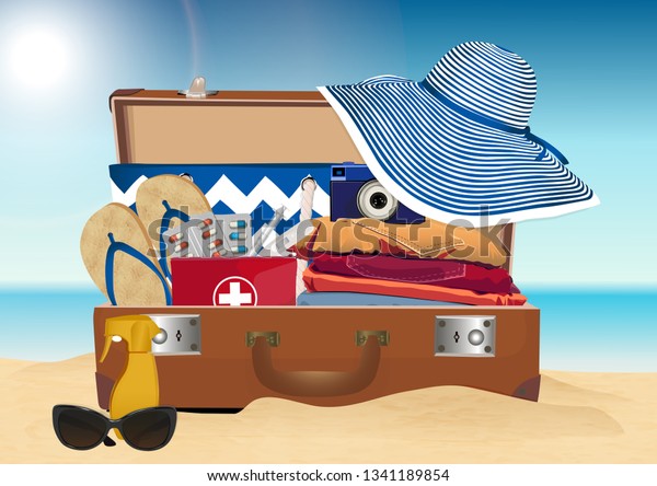 Sandy Beach Summer Accessories Suitcase Road Stock Vector - 