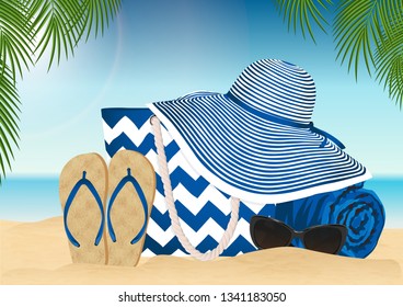 Sandy beach. Summer accessories. Vector illustration.