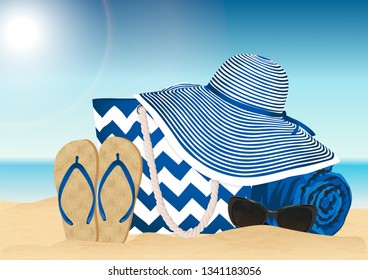 Sandy beach. Summer accessories. Vector illustration.