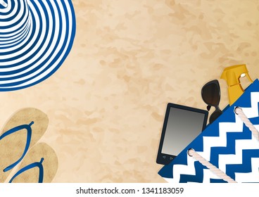 Sandy beach. Summer accessories. Vector illustration.