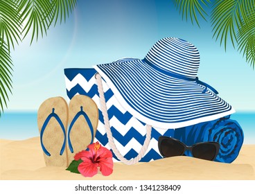 Sandy beach. Summer accessories. Vector illustration.