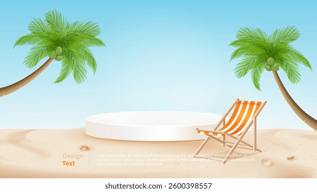 Sandy beach summer background with deck chair, coconut trees and stage podium for products display 