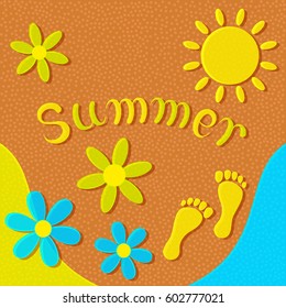 Sandy beach, sun, flowers and footprints on the sand form an abstract summer background. EPS-10. Transparency was used. 