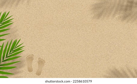 Sandy Beach Texture background with Coconut Palm leaves shadow and Footprints,Vector horizon Backdrop background with barefoot and tropical leaf silhouette on Brown Beach sand dune for Summer banner 