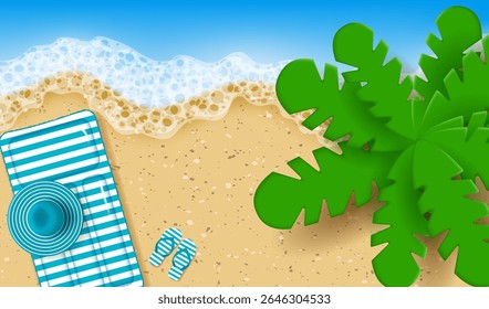 Sandy beach, top view. Palm tree, inflatable float mattress, sandals and striped hat.   Vector illustration