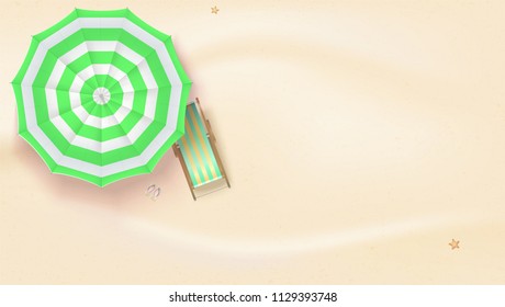 Sandy beach. Top view of summer beach with sun umbrella and deck chairs. Vector background of best moments of summer, flat lay. 3D illustration of summer holidays on sunny beach