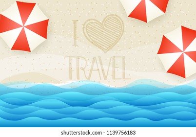 Sandy beach top view vector illustration. I love travel concept