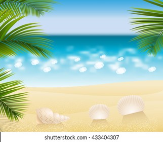 Sandy beach tropical cost background ocean, sea. Sunny summer day, realistic leafs palms, sea snail. Hello Summer time trendy vector illustration. Summer time relax. Blur bokeh background. Calm moody