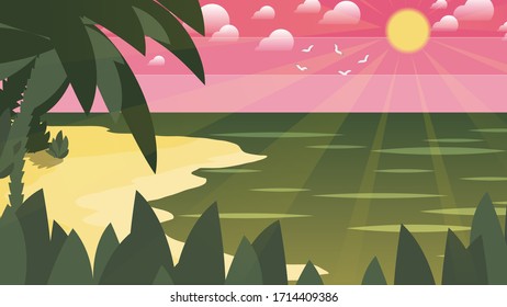 sandy beach with tropical palm trees and bushes against the backdrop of the sea and the sky with sun, clouds and flying gulls. flat design seascape. vector