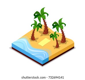 Sandy beach. Tropical sandy beach under palm trees isometric icon on white background. Place for summer rest in paradise at sea or ocean vector illustration
