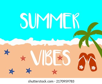 Sandy beach and turquoise sea waters with flip flops, starfish and palm tree