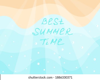 Sandstrand. die türkisfarbene Wasseroberfläche. handgeschriebene Einschreibung beste Sommerzeit. Sommerkartenvorlage. Konzept. Vektorgrafik, eps.