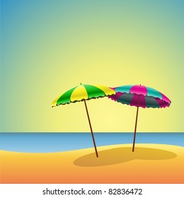 A Sandy Beach with two Parasols